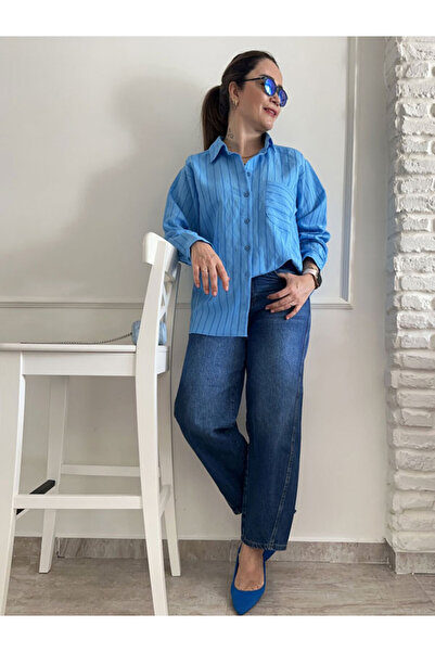 Burcu Özpıranga ÇİZGİLİ TRİL MAVİ GÖMLEK