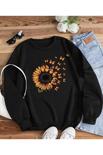 Oceanwear Sunflower Butterfly Printed Crew Neck Long Sleeve Women's Plain Bla...
