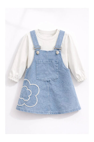 kidstalya Çiçek Desenli Bebek 2'li Kot Elbise