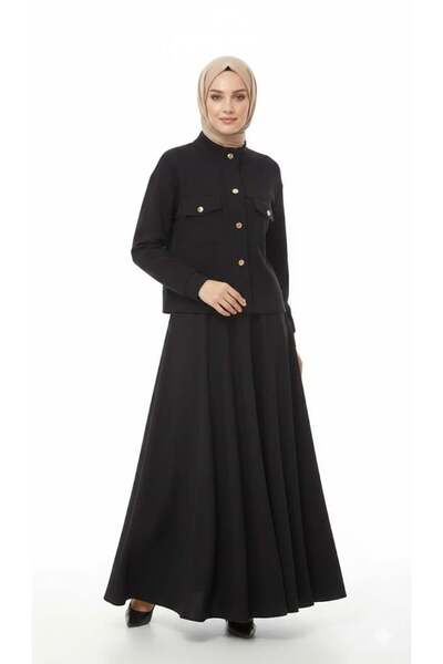 Armine Düğme Detaylı Etekli Takım - Siyah