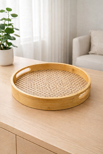 YzHome 1 قطعة صينية تقديم مستديرة صغيرة الحجم من الخيزران مقاس 25 سم