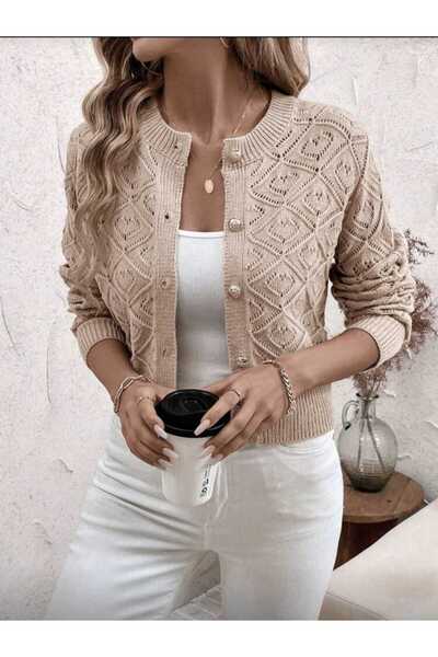 Gülçin Coşkun Baklava Pattern Buttoned Openwork Crew Neck Medium Length 100% ...