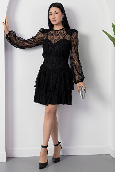 PULLIMM Fusta cu decolteu tip crewneck, rochie din tul flocat cu straturi NY3104