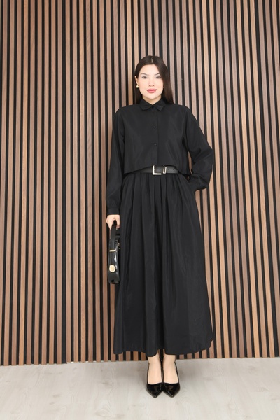 İgnites Black Padded Shirt with Snap Fasteners on the Front and Belted Dress Set