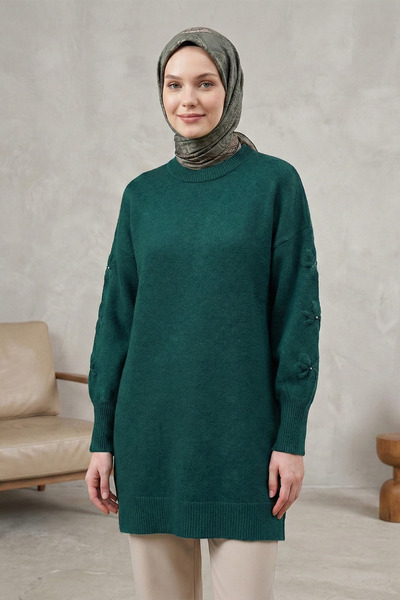 FERHEL Women's Soft Knit Sweater with Floral Detail on the Sleeve - Emerald