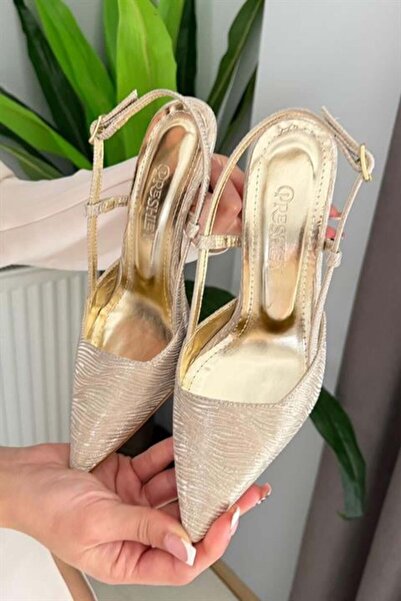 Les Passent Women's Matilda Gold Satin 7 cm Heeled Pointed Toe Open Back Shoes