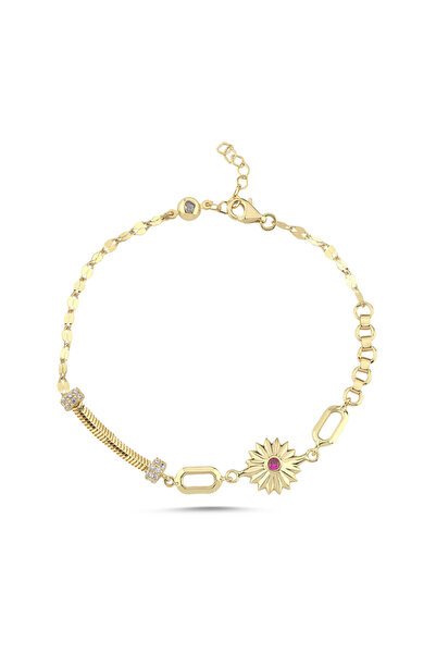 Sembol Gold Kırmızı Taşlı Yıldız Motifli Altın Bileklik 17-20 cm