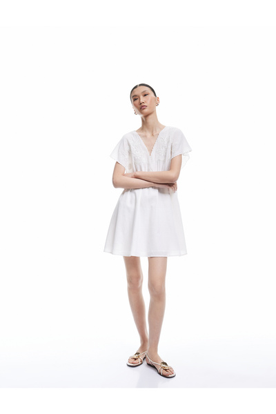 Koton Women'S Ecru V Neck Mini Dress