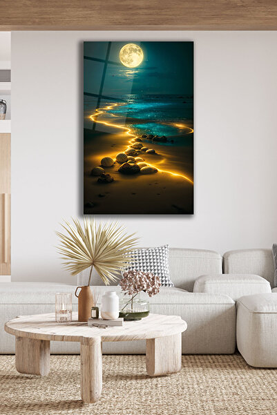 B&G DESIGN Pictură murală decorativă din sticlă, cu lună plină și vedere la m...