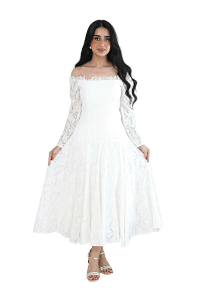 TREN Elegant Lace Midi Gown Shoulder Off-White Dress Women Long Sleeve Formal...