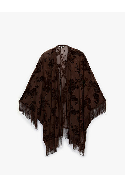 Koton Women'S Brown Design Fringed Tulle Poncho