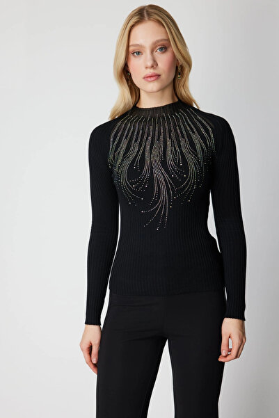 On Fashion Women's Half Fisherman Transparent Detailed Black Sweater 60389