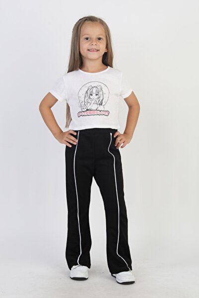 Aselin Kids Black Spanish Flared Girls' Leggings with White Stripe Detail