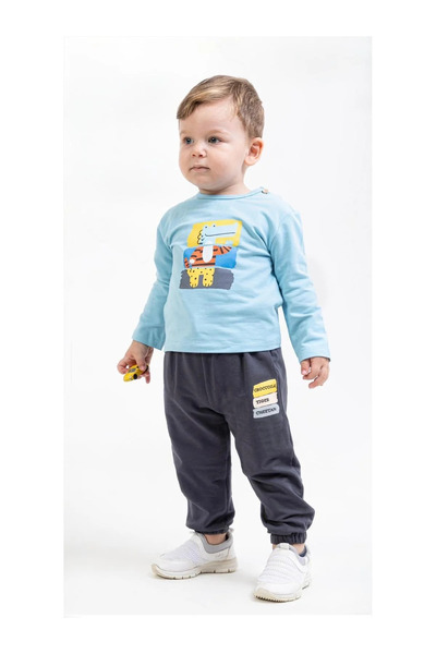 kidstalya Dinosaur Patterned Blue Baby Boy Suit