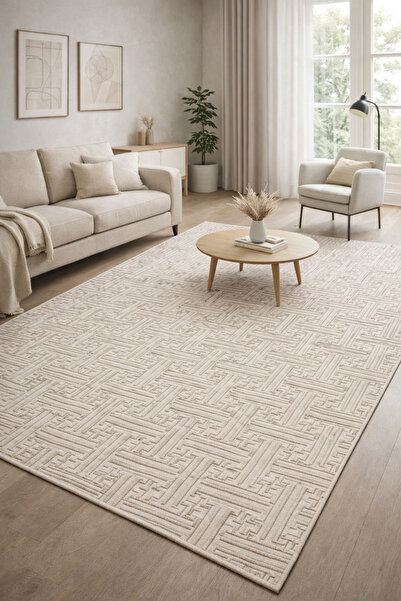 Okan Halıcılık Modern Bej Geometrik Desenli Salon Halısı Kabartmalı 462.000 S...