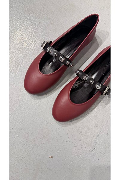 Eataly Shoes Burgundy Flat Black Belt Buckle Strap Basic Ballerinas