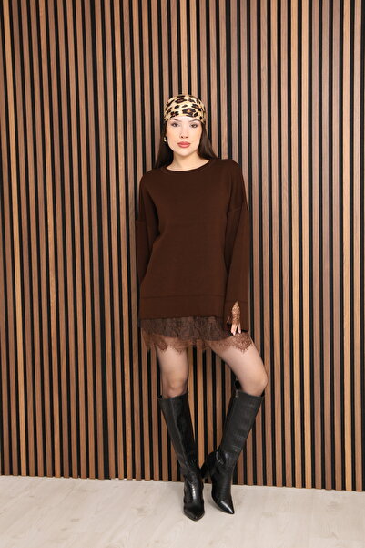 İgnites Brown Lace Detailed Knitwear Sweater