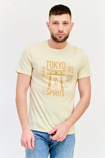 CELIO Men Crew Neck Short Sleeves Graphic Print T-Shirt, Beige