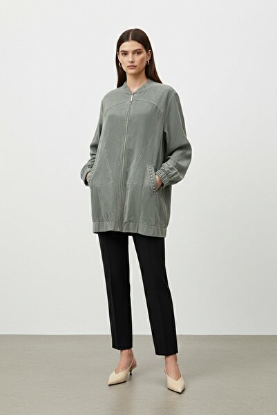 Puane Women's Suede Jacket with Pocket Detail and Zipper - 15258Ckt - Khaki