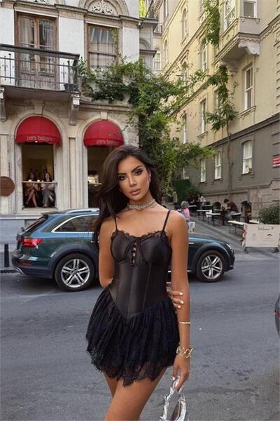 Neşeli Butik Women's Black Satin Fabric Tulle Skirt Mini Length Suspender Dress