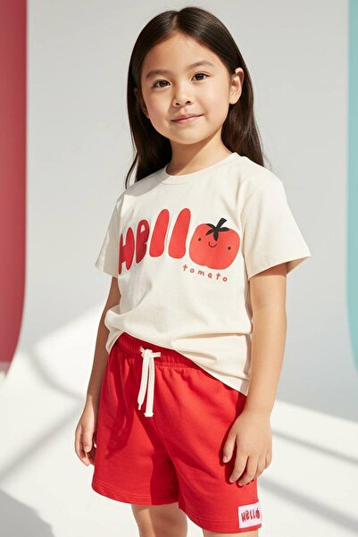 Monila Tricou imprimat din bumbac pentru fete și pantaloni scurți roșii, set ...