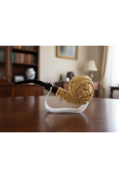 Altınışık Lületaşı El Oyma Lületaşı Pipo, Çift Taraflı Geyik Figürlü, 9mm Fil...