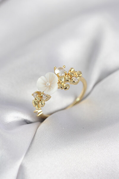 BSRE خاتم نسائي من حجر الزركون على شكل زهرة نحاسية (لون ذهبي)