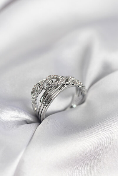 Nehir Silver Color Zircon Stone Chain Model Women's Ring Valentine's Mother's...