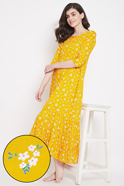 Clovia قميص نوم طويل مزين بنقوش زهور جميلة باللون الأصفر - قطن غني