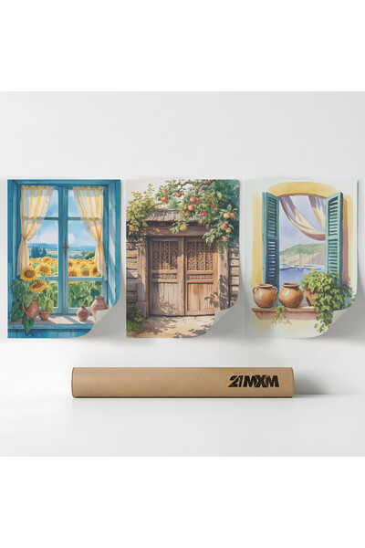 21mxm Set 3 Postere Decorative „Ferestre spre Sud 09”, Material Textil, Fara ...