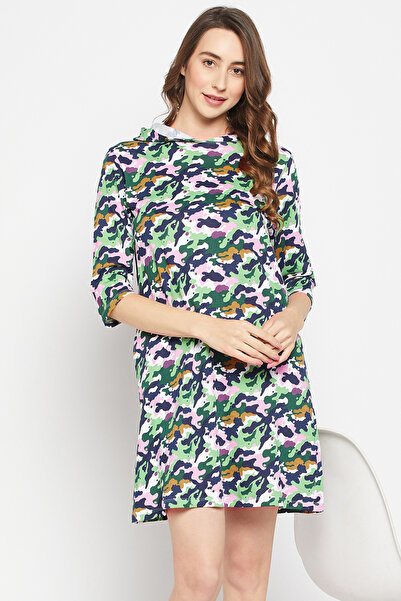 Clovia Camouflage Print Hooded Short Nighty in Green - 100% Cotton