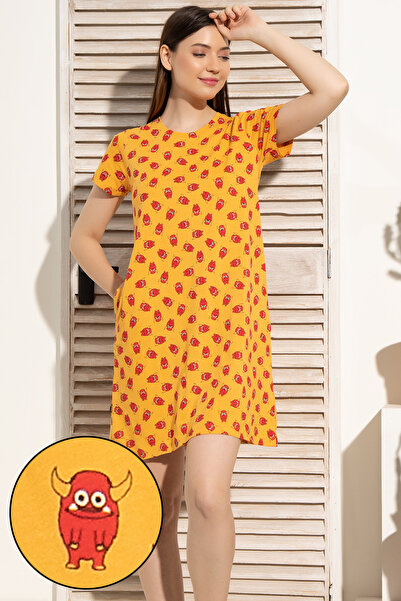 Clovia Monster Print Short Night Dress in Mustard Yellow - 100% Cotton