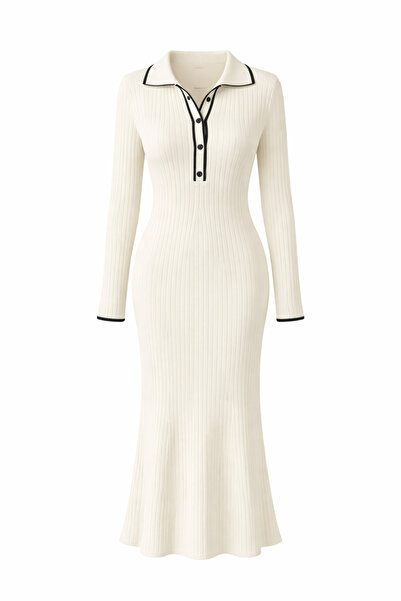 Julidress White Polo Neck Button Detailed Maxi Long Length Premium Knitwear D...