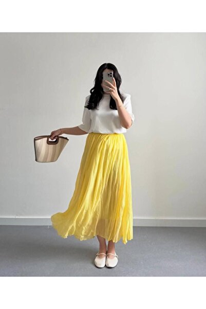 MAESTRO WOMAN Kadın Sarı Uzun Beli Lastikli Pileli Şifon Etek