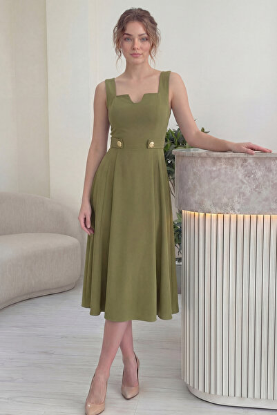 zks grup tekstil Women's Square Collar Button Detailed Midi Dress Black, Lila...