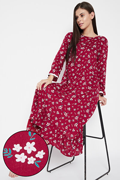 Clovia Pretty Florals Mid Length Nighty in Maroon - Cotton Rich
