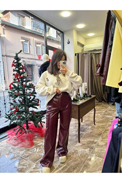 aycaguney Kroko Desenli Kemerli Deri Kadın Pantolon - Mürdüm