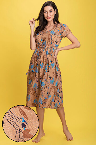 Clovia Leaf Print Mid-Length Nightdress in Beige - Rayon