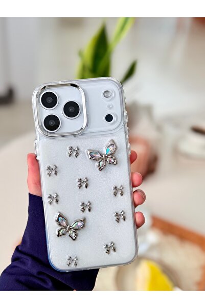 Go Aksesuar iPhone 17 Promax Compatible Metal Butterfly Toy Design Silicone Case