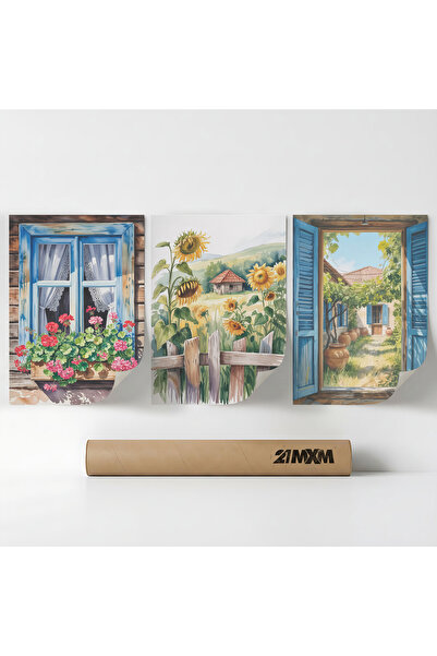 21mxm Set 3 Postere Decorative „Ferestre spre Sud 02”, Material Textil, A3 (2...