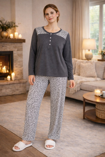 YUYİ Nena %100 Cotton Long Sleeved Plus Size Women's Pajama Set 14617