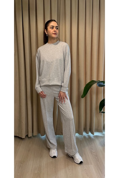 olleo studio Women's Brown Soft Tuşe Modal Fabric Ribbed Tracksuit Set