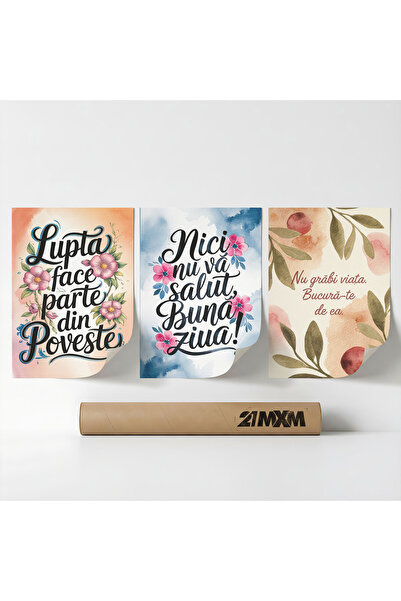 21mxm Set 3 Postere Decorative 'Mesaje De Viata 06', Material Textil, A4 (21 ...