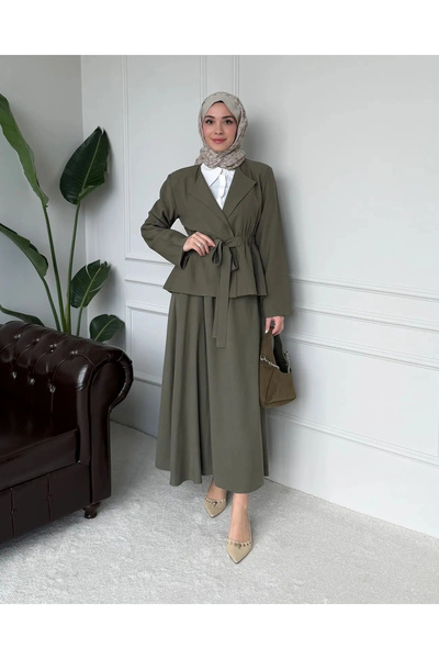DEFNECE BUTİK Ayel Belted Skirt Suit - Green