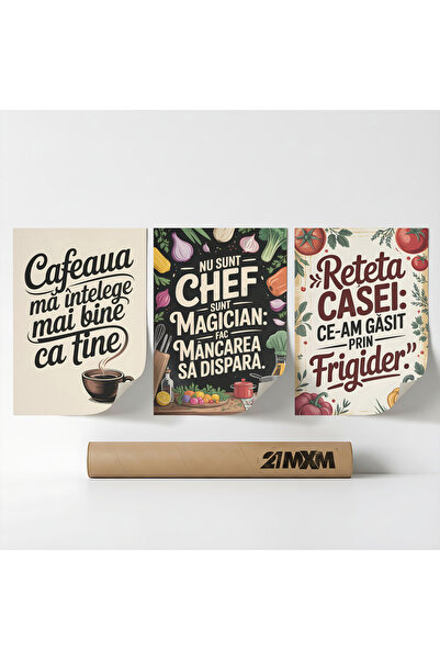 21mxm Set 3 Postere Decorative 'Bucatarie Cu Umor 02', Material Textil, A3 (2...