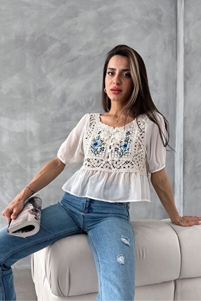Caddebostan Moda Women's Floral Embroidered Lace Detailed Bohemian Blouse