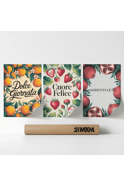 21mxm Set 3 Postere Decorative „Cuvinte Mediteraneene 01”, Material Textil, A...