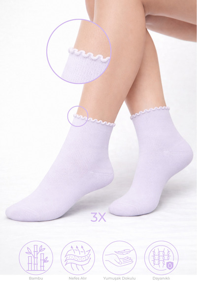 HEYBAG 3-Piece Bamboo Women's Elasticless Lilac Picot Ruffle Socks Premium So...