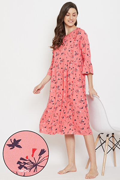 Clovia Feeding Pretty Florals Mid Length Maternity Nightdress in Pink- Cotton...
