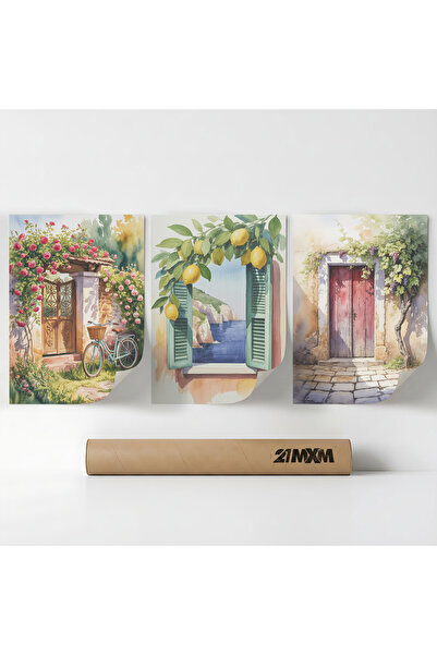 21mxm Set 3 Postere Decorative „Ferestre spre Sud 05”, Material Textil, A3 (2...